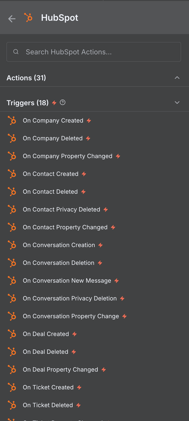List of HubSpot actions and triggers available in n8n