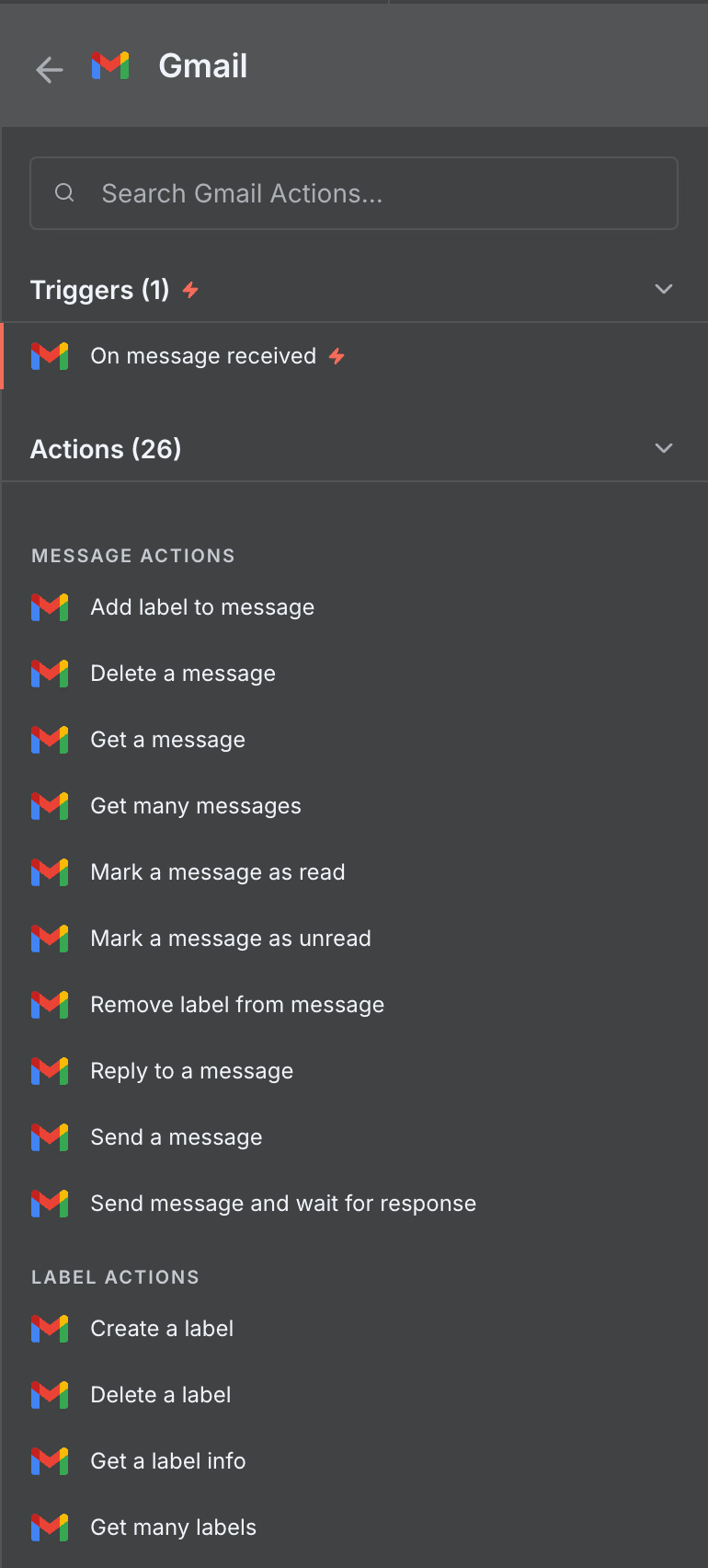 Lista de acciones y triggers Gmail disponibles en n8n