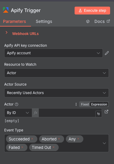 Apify Trigger configuration for Apify in n8n
