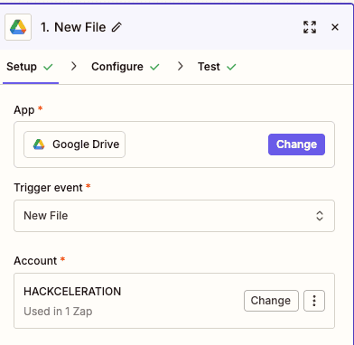 Configuration du trigger New File Google Drive dans Zapier