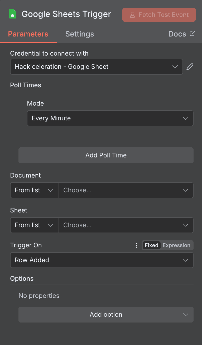 Configuration du trigger Row Added Google Sheets dans n8n