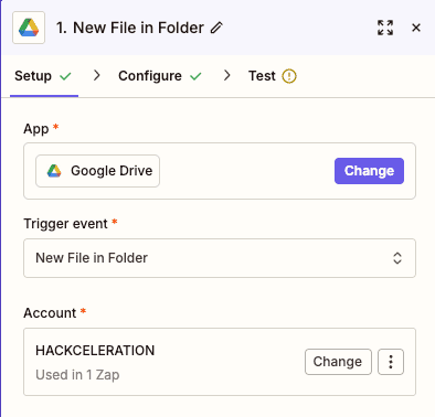 Configuración del trigger New File in Folder de Google Drive en Zapier