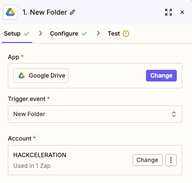 New Folder trigger configuration for Google Drive in Zapier