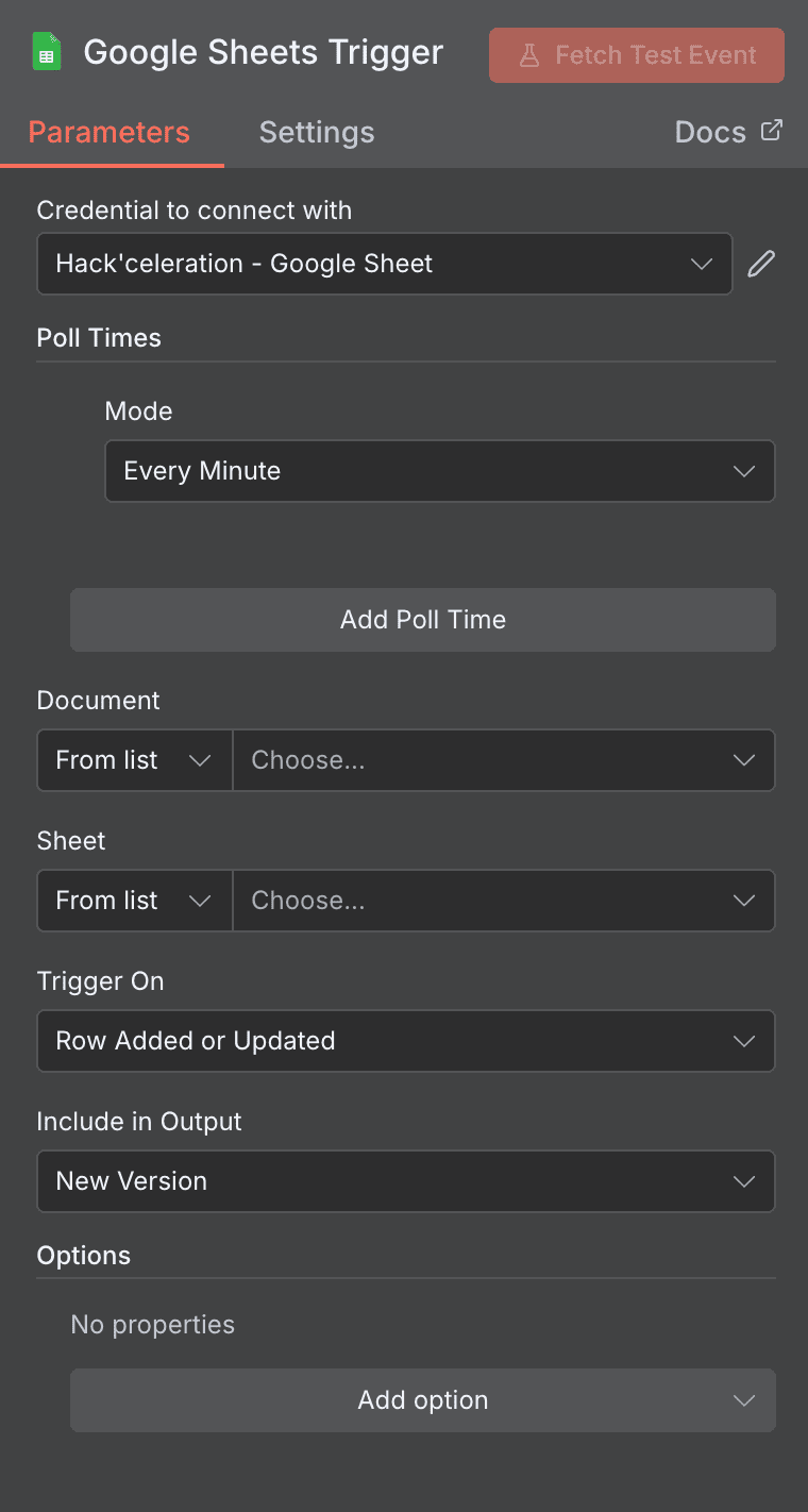 Configuración del trigger Google Sheets Trigger - Row Added or Updated de Google Sheets en n8n