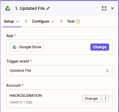 Updated File trigger configuration for Google Drive in Zapier