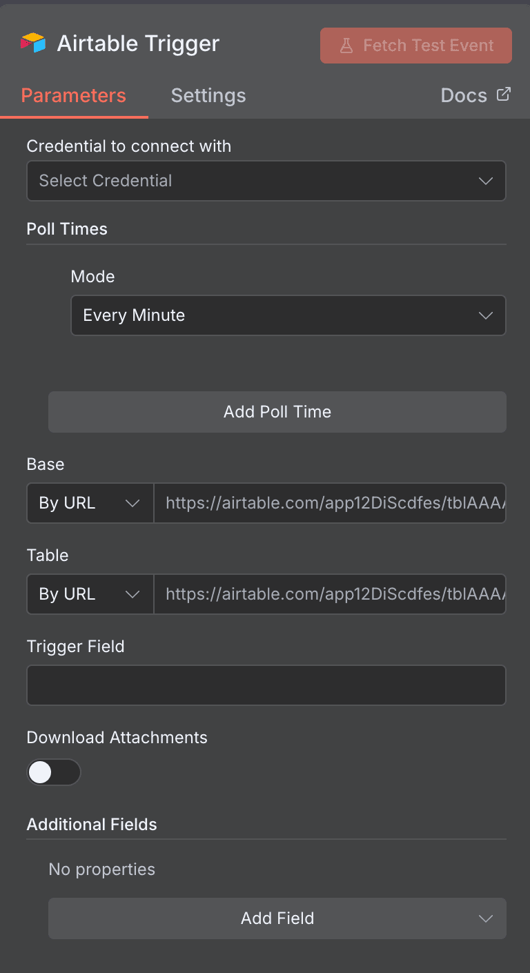 Airtable Trigger configuration for Airtable in n8n